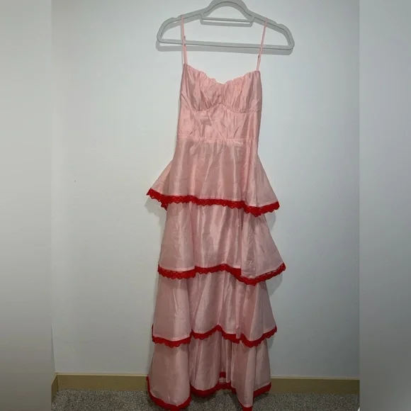 Hello Molly Blush Pink Tiered Maxi Dress with Red Lace - Picture 14 of 15